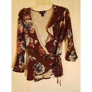 Women's A Byer Purple Floral Long Sleeve Wrap Blouse Size XL